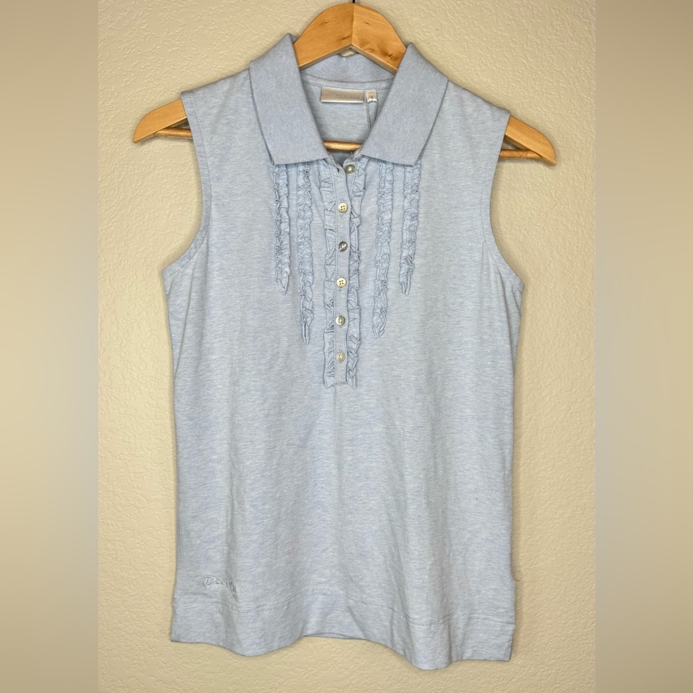Daily Sports Ruffle Polo Sleeveless Shirt‎ Medium Blue Golf Tennis Top UV 40